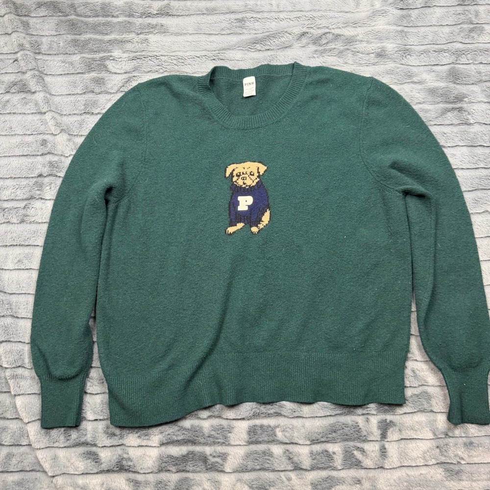 PINK Victoria's Secret Green Dog Mascot Crewneck Sweater XXL Forest Green Knit